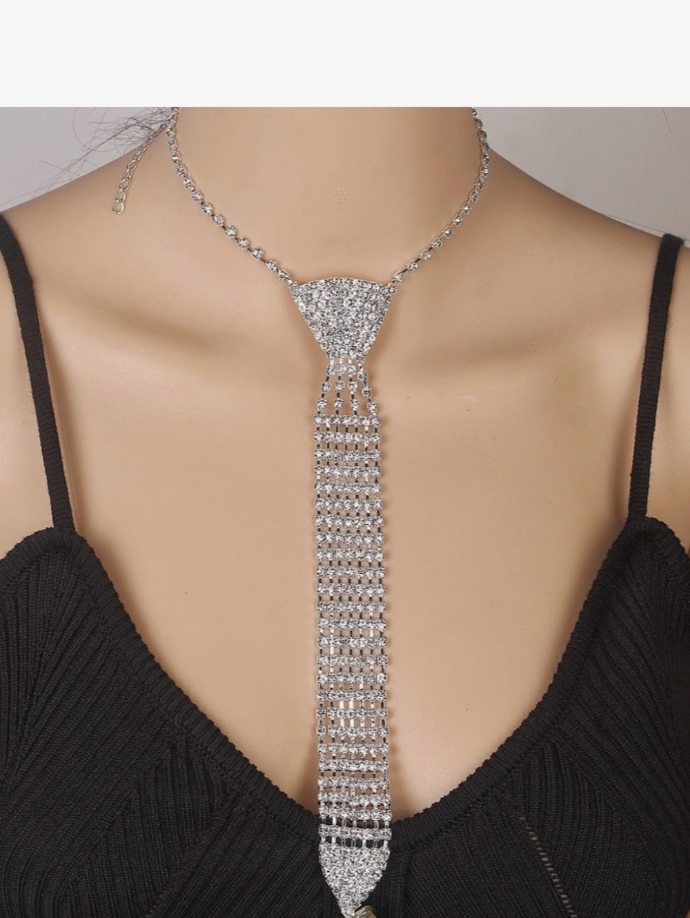Silvery Rhinestone Long Tassel Tie Necklace - Women Jewelry